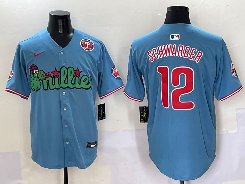 Men Philadelphia Phillies #12 Schwarber Light Blue three generations Joint Name Nike 2025 MLB Jersey style 6